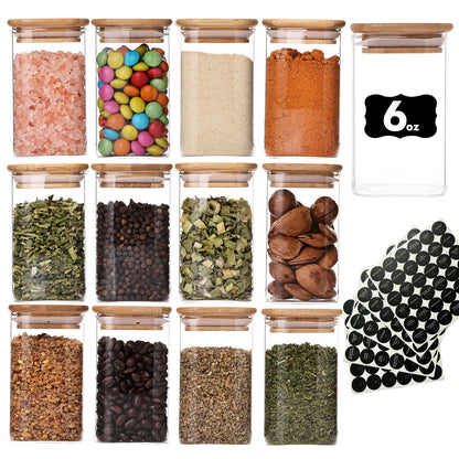 6oz Glass Spice Jars with Bamboo Lid and Label, 12 Pack Square Glass Container, Small Food Storage Containers for Kitchen, Clear Empty Seasoning Jar for Sugar, Salt, Coffee Bean, Herb, Borosilicate