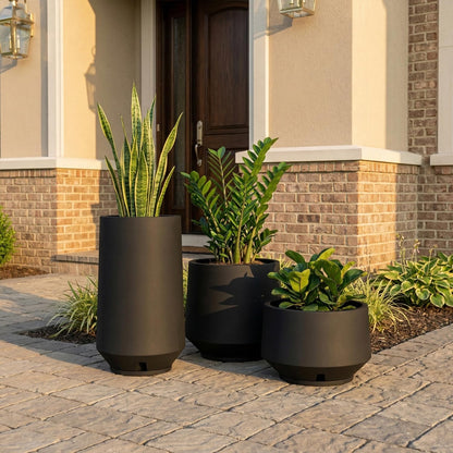 Floridis Berlin Set of 3 Planters, Indoor Outdoor Plant Pots with Drainage Hole and Saucer, Modern Plastic Planters for Patio, Porch, Entryway and Living Room (Black)