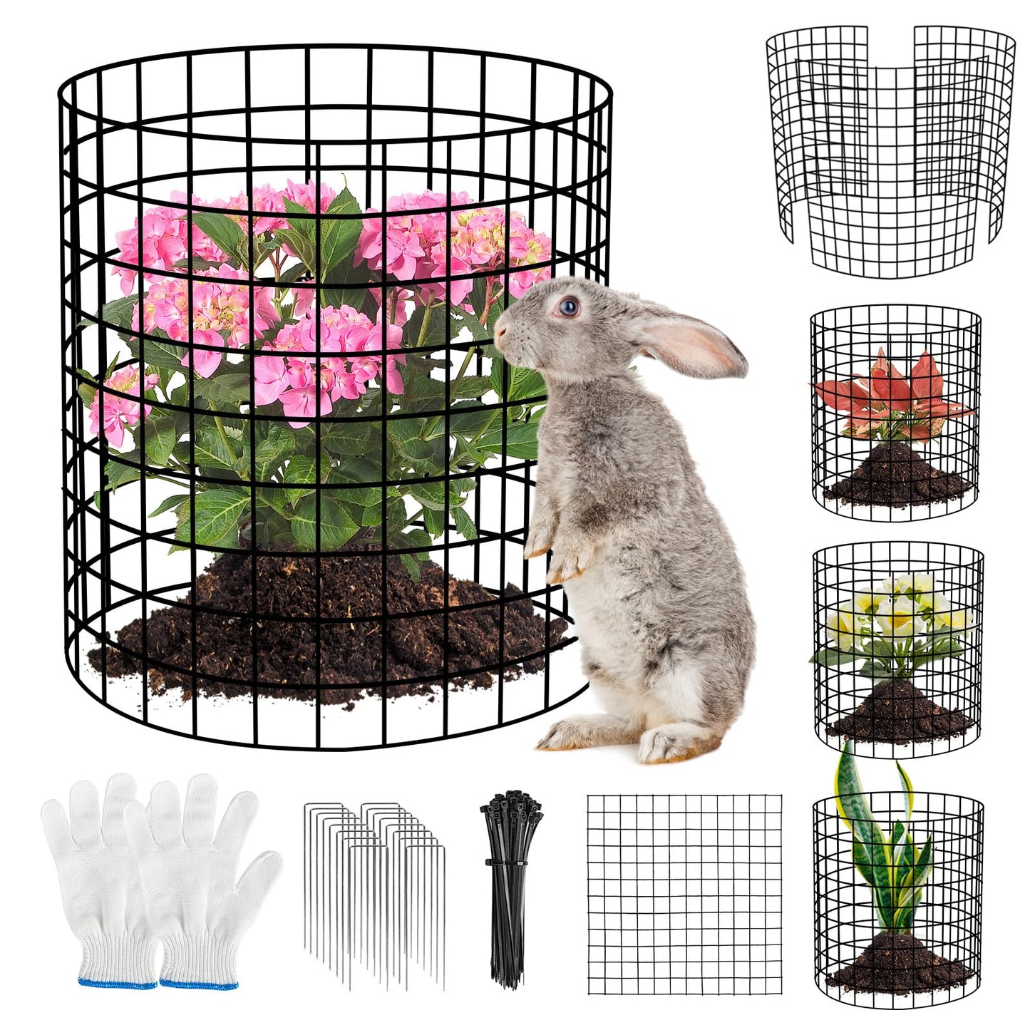 10 Pack Plant Protectors from Animals Wire Plant Protector Cage to Keep Animals Out with Zip Ties & Stakes, 30 Panels Bendable Metal Mesh for Flowers Vegetables