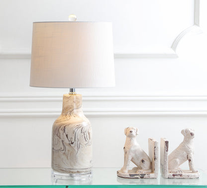 JONATHAN Y 23" Gray and White Marble Ceramic LED Table Lamp, Traditional Hand-Finished Bedside Lamp for Living Room Bedroom, White Linen Shade, LED Bulb Included JYL3004A