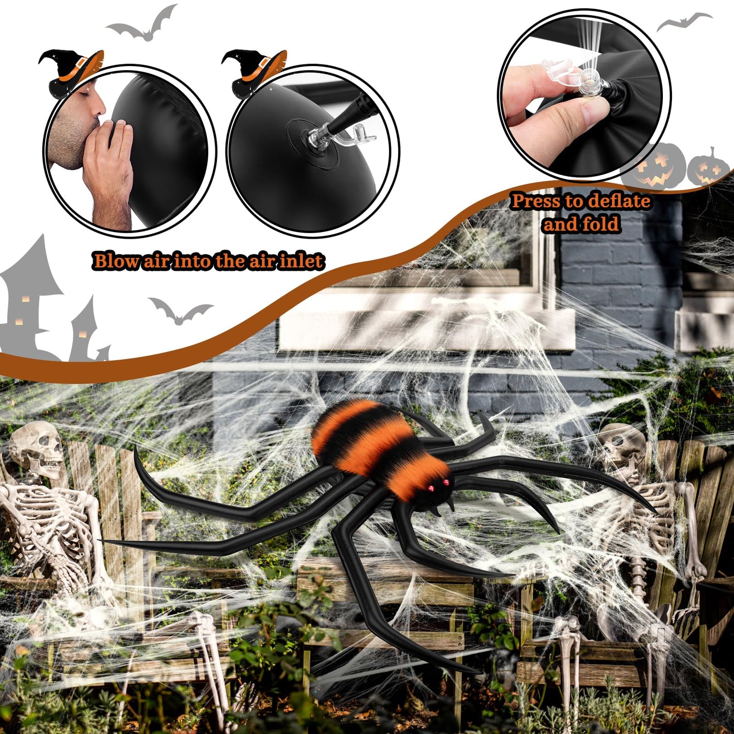 Halloween Decorations Spider Web, 40'' Inflatables Giant Spider + 200'' Triangular Giant Spider Web + 20G Spider Web, Scary Hairy Fake Halloween Spiders Props for Indoor Outdoor Party Halloween Yard.