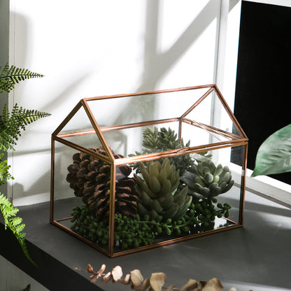 House Shape Close Glass Geometric Terrariumn Tabletop Succulent Plant Garden Geo Planter Moss Fern Swing Lid Reptile, Flower Pot for Plants Succulent, Air Plant (Rose Gold)