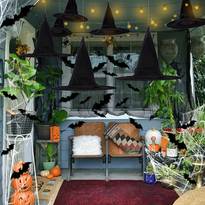 LINAYE Halloween Witches Hat XL Kit - 8 PCS Black Witch Hats with Hanging Rope,16 PCS 3D Bat,Spider Web,Creepy Cloth Halloween Hanging Decoration Decor Wizard Hats