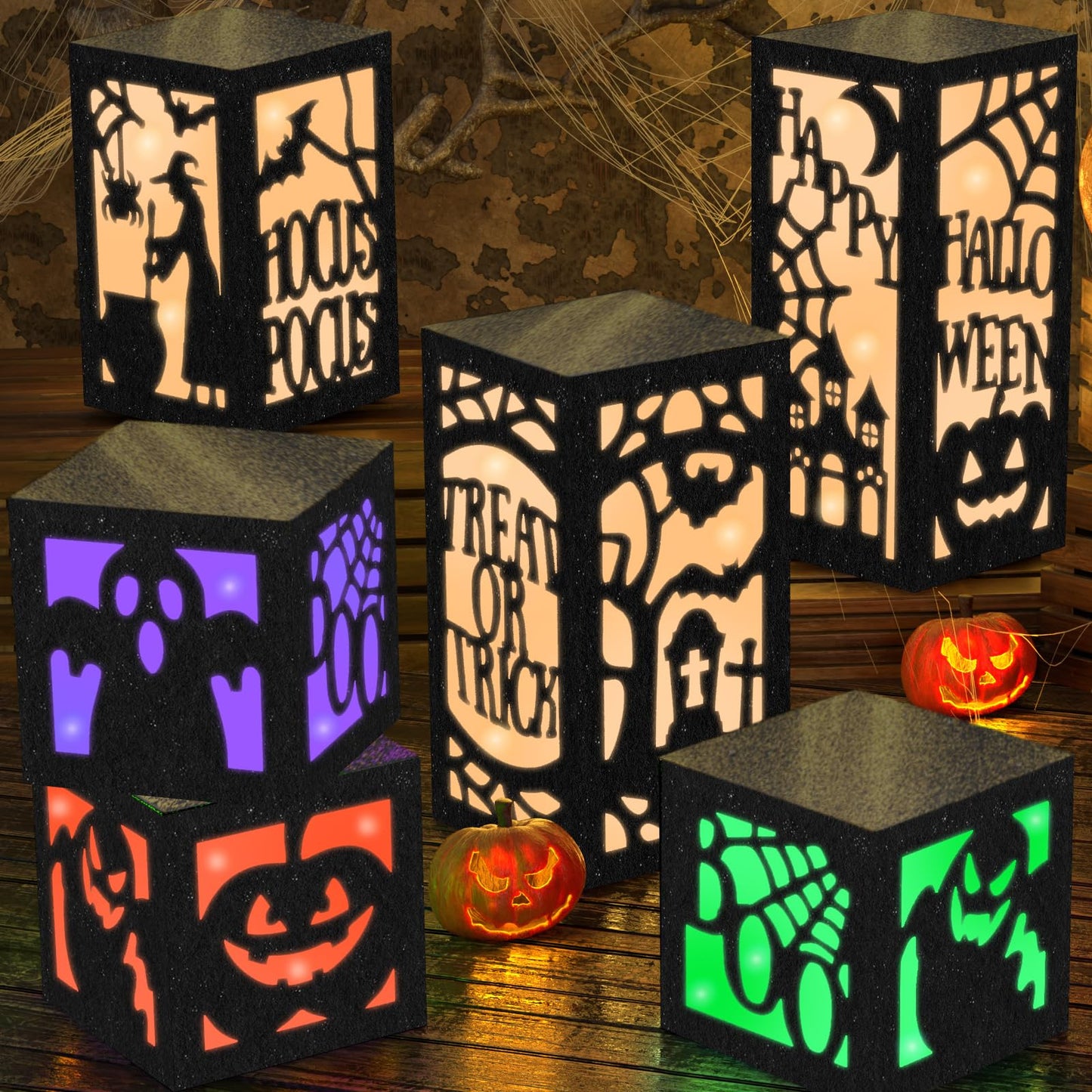 OuMuaMua 6 Pcs Halloween Table Decorations Indoor Halloween Table Centerpieces Boxes, Light up Paper Pumpkin Lanterns with Witch Spider Ghost Patterns for Spooky Party Supplies Home Decor