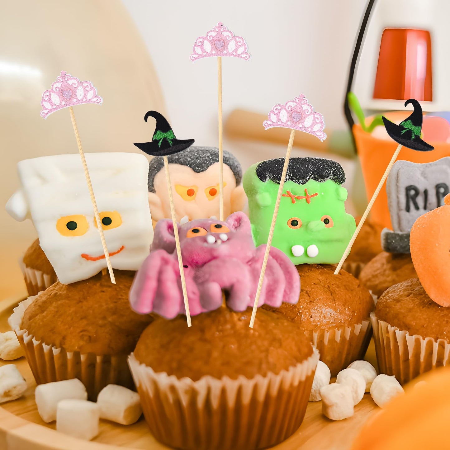 100 Pcs Witch Hat Cocktail Picks Decorative Toothpicks for Appetizers Fruit Sandwich Charcuterie Skewers Food Sticks for Pink Green Birthday Baby Shower Halloween Party Supplies