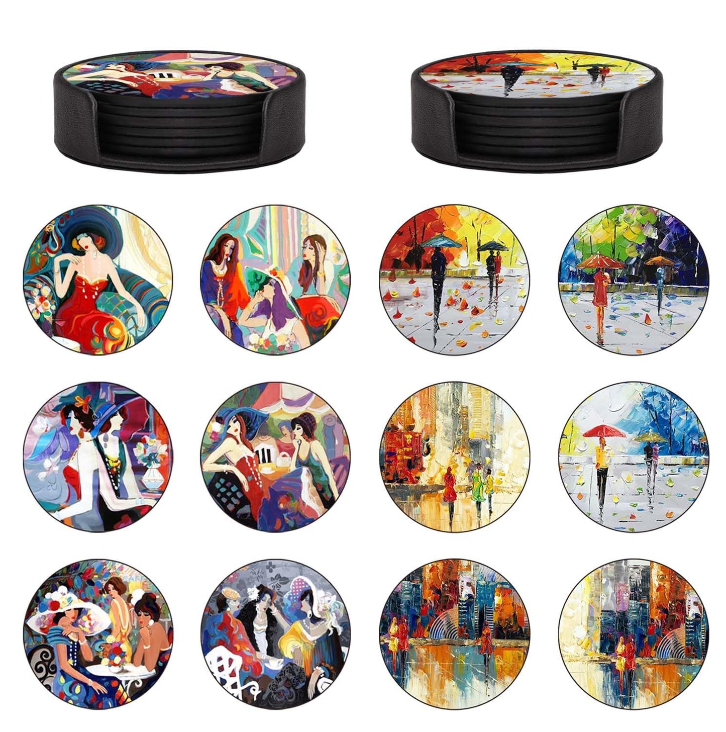 ABCHCHS Coasters Set of 12 - Abstract and Oil Painting Art Design - PU Leather Coasters for Drinks with Holder - Handmade Round Drink Coasters Set for Home Decor and Housewarming Gift
