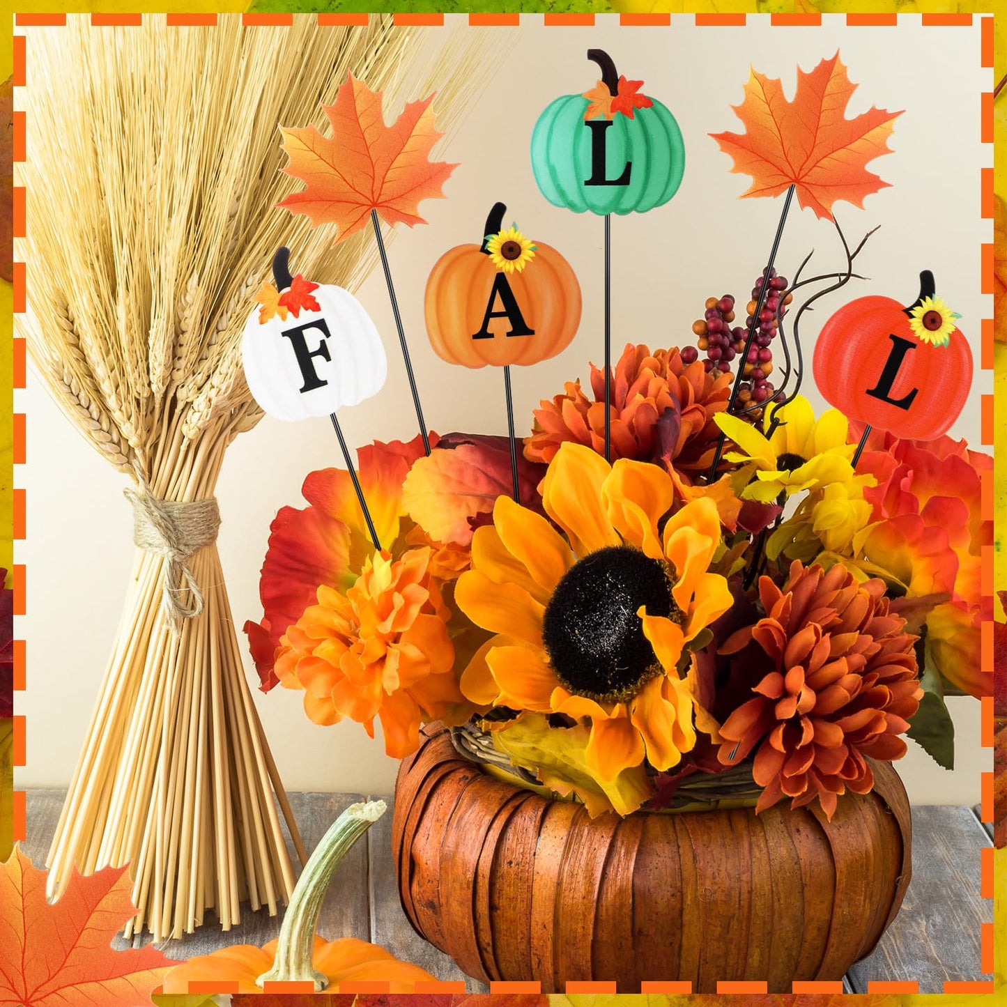 Anglechic 6 Pcs 12'' Fall Outdoor Decor Garden Stakes Fall Pumpkin Scarecrow Maple Leaves Metal Yard Sign Yard Stakes Outdoor Autumn Thanksgiving Decorations for Planter Lawn Patio Walkway Porch