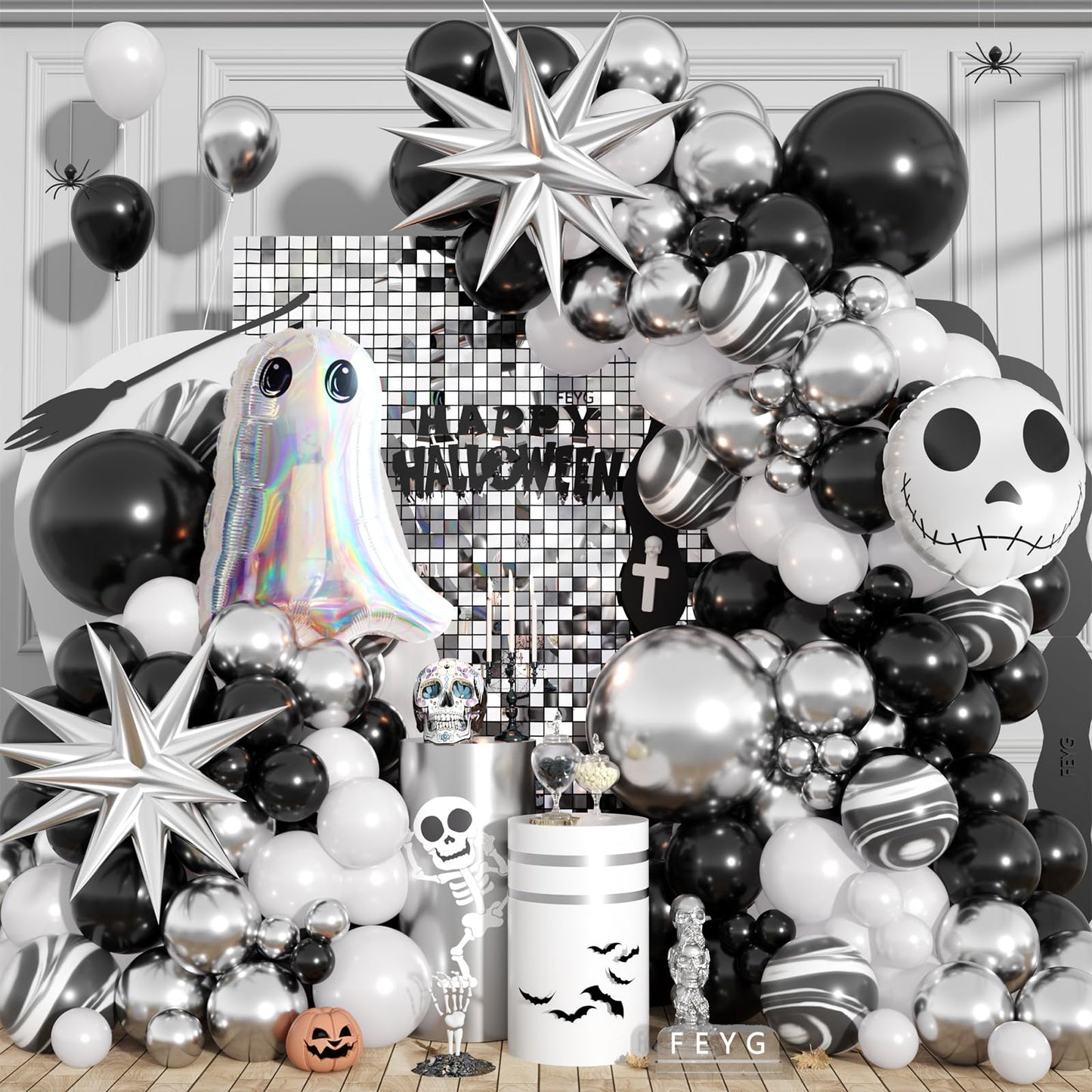 Halloween Balloon Arch Kit,110Pcs Black White and Silver Latex and Foil Balloon with Ghost,Skull Design for Halloween Birthday Bachelorette Baby Shower Wedding Party Decorations