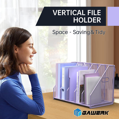 MINDEPOT Desk File Organizer Metal Desk Magazine Folder Holder with 5 Vertical Compartments Rack File Organizer for Office, Home, School (Purple)