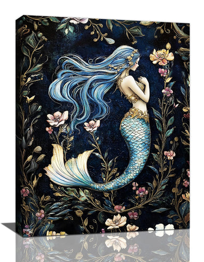 Mermaid Wall Art, Floral Pictures Wall Decor, Retro Mermaid Canvas Prints Painting, Framed Artwork for Bathroom Bedroom Living Room Girl's Room Office Home Decoration 12x16