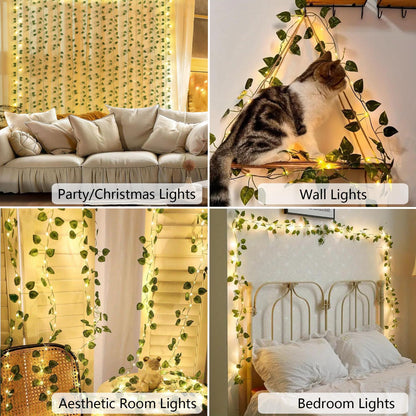 MVOVM LED Fairy Lights Vine, 20 Lights, 6.6ft Pothos Garland, Green, Artificial Hanging Plant Decor for Bedroom, Wedding, Party
