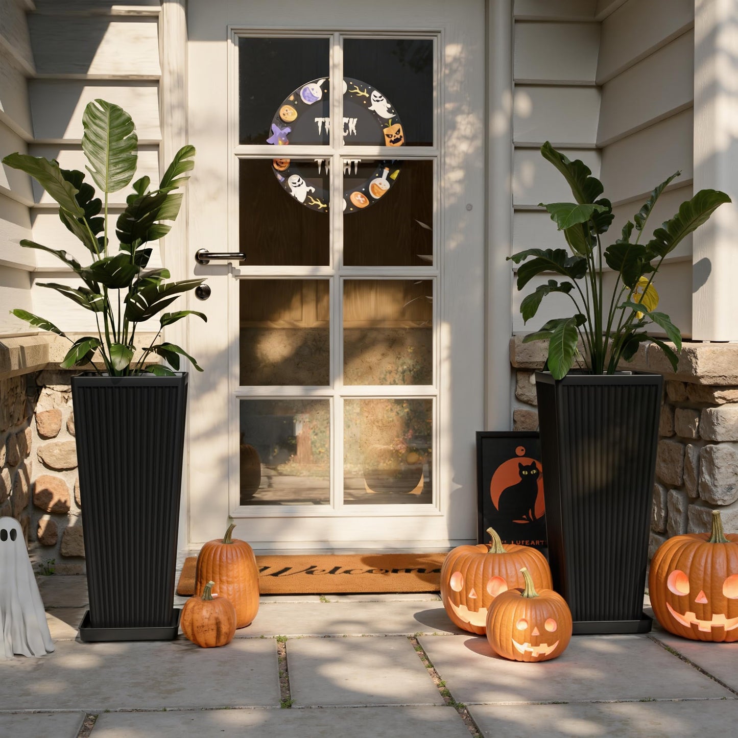 Trygoal Tall Black Planters Outdoor Set of 2-23.6" Modern Tapered Plastic Planters for Outdoor Plants with Drainage Holes/Partition/Tray, Large Indoor Planter for Porch Patio Garden Front Porch