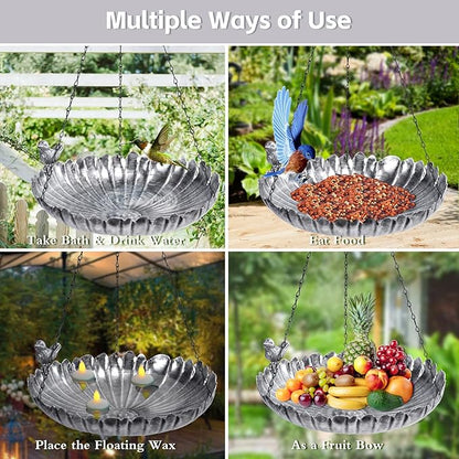 MUMTOP Hanging Bird Baths for Outdoors - Metal Bird Bath, 11.6 Inch Flower Shape Birdbath Bird Feeder Bowl for Outside, Garden, Lawn Yard Decor(Silver)