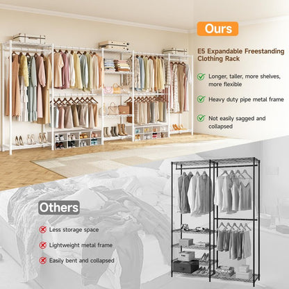 ONBRILL E5 Expandable Heavy Duty Garment Rack, Freestanding Closet Organizer System with 9 Wire Shelves & 6 Hanging Rods, Modular Metal Pipe Clothing Rack, Max Load 1350LBS, Portable Closet, White