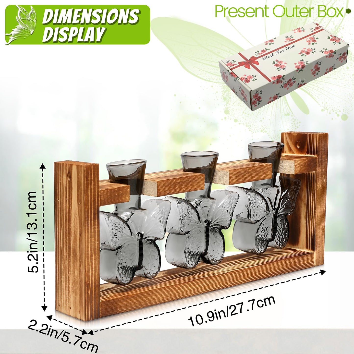 Glass Plant Propagation Station Butterfly Planter Vase with Wooden Stand Birthday Gifts for Women Mom Plant Lovers Office Home Decoration