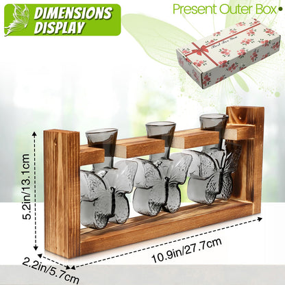 Glass Plant Propagation Station Butterfly Planter Vase with Wooden Stand Birthday Gifts for Women Mom Plant Lovers Office Home Decoration