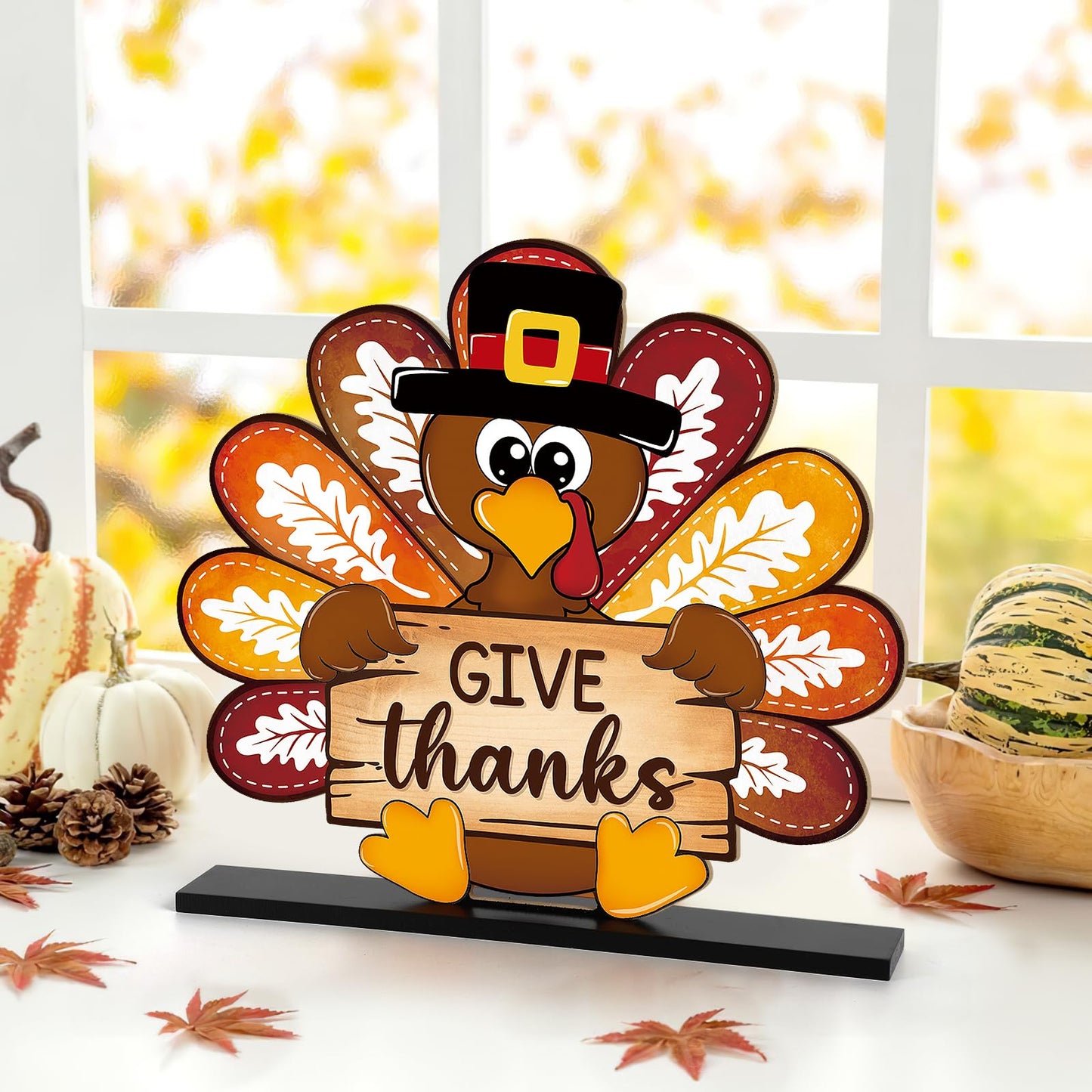 Thanksgiving Decorations Wooden Turkey Table Sign Fall Pumpkin Autumn Table Centerpieces Standing Tabletop Happy Thanksgiving for Holiday Harvest Home Room shelf Farmhouse Decorations Thanks Gives