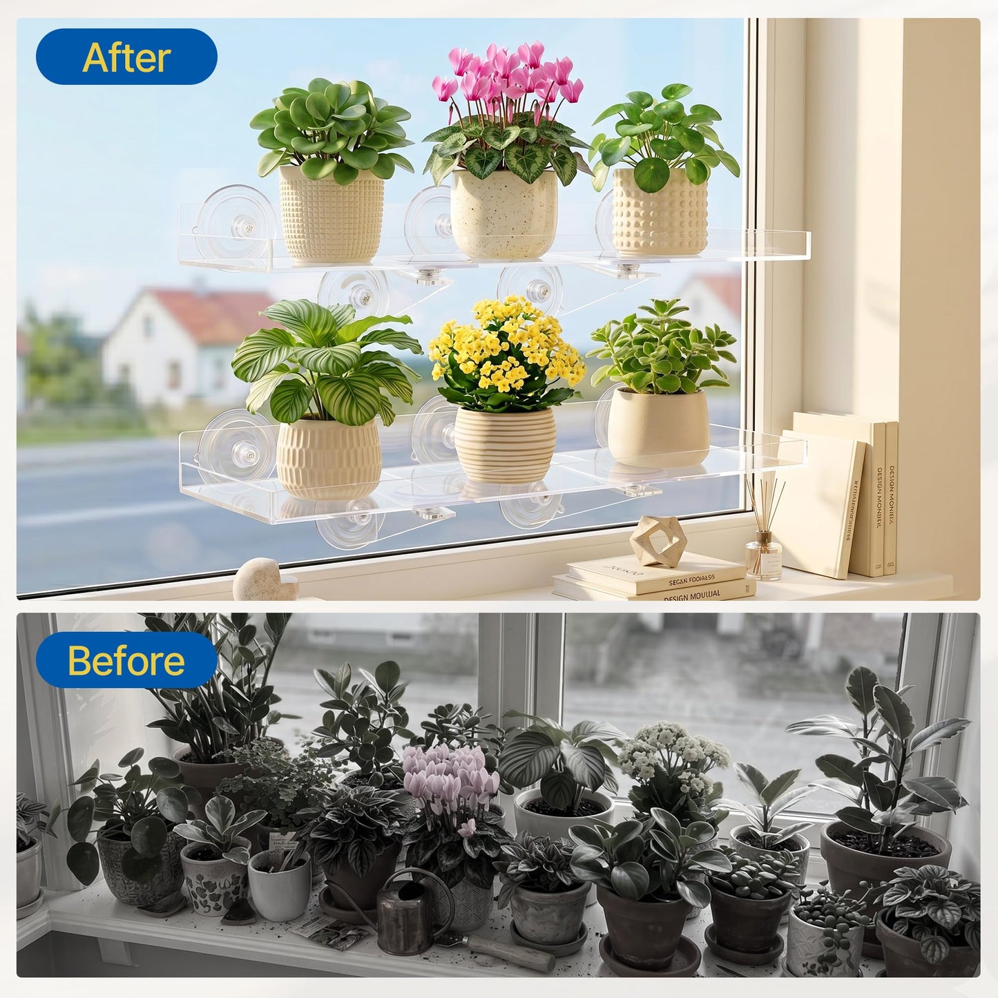 Leafory 2 Pack Window Plant Shelves, 15.7 x 5.9 Inch Heavy Duty Acrylic Floating Shelf, Strong Suction Cup Shelf with Support Bracket, Windowsill Holder for Succulents and Indoor Plants