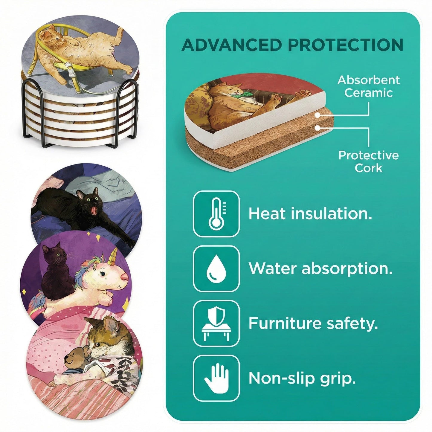 Coasters Set of 6 Absorbent Ceramic with Iron Holder - Coffee Table Decor, Cat Gifts for Women, Non Slip Cork Bottom, Anime Cat Coasters, 4 Inch for Home Bar Wine Glass, Hopevee