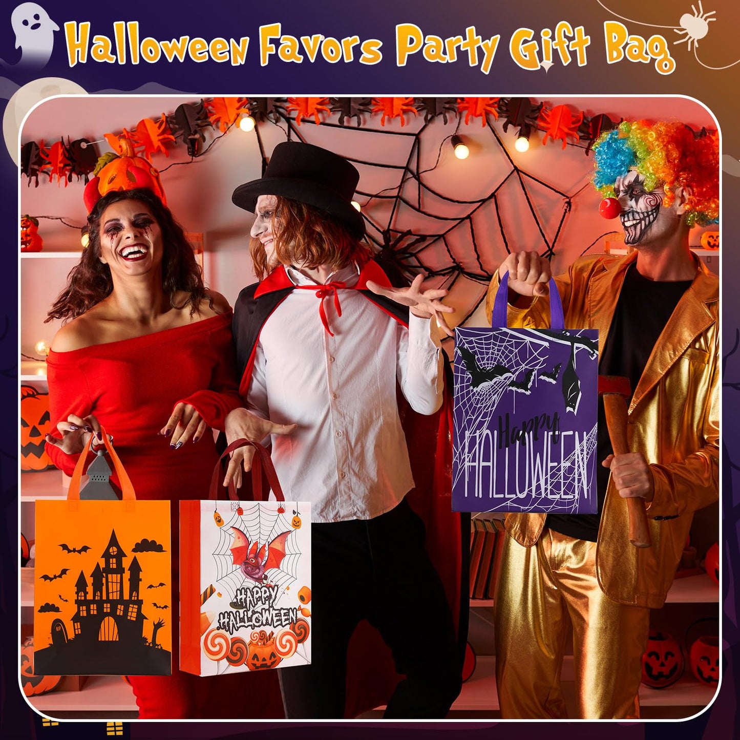 Sanwuta 24 Pcs Halloween Tote Gift Bags 14.9 x 11.8 Large Trick or Treat Reusable Non Woven Candy Treat Goodies Bags for Halloween Party Supplies