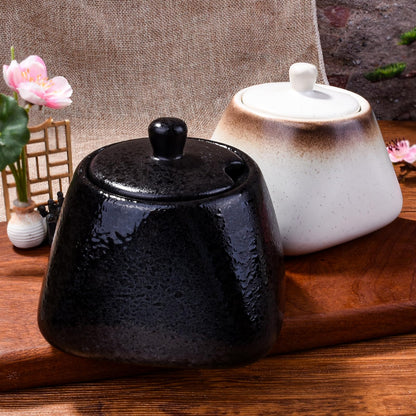 BOSILI Japanese Black Sugar Bowls with Lid Ceramic Salt Container with Stainless Steel Spoon for Sugar Pepper Spices