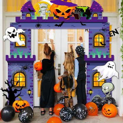 Tiamon Halloween Haunted Building Banner Scary Archway Door Archway Decorations Pumpkin Ghost Skull Hanging Porch Banner for Halloween Photo Prop Backdrop Party Decor Supplies