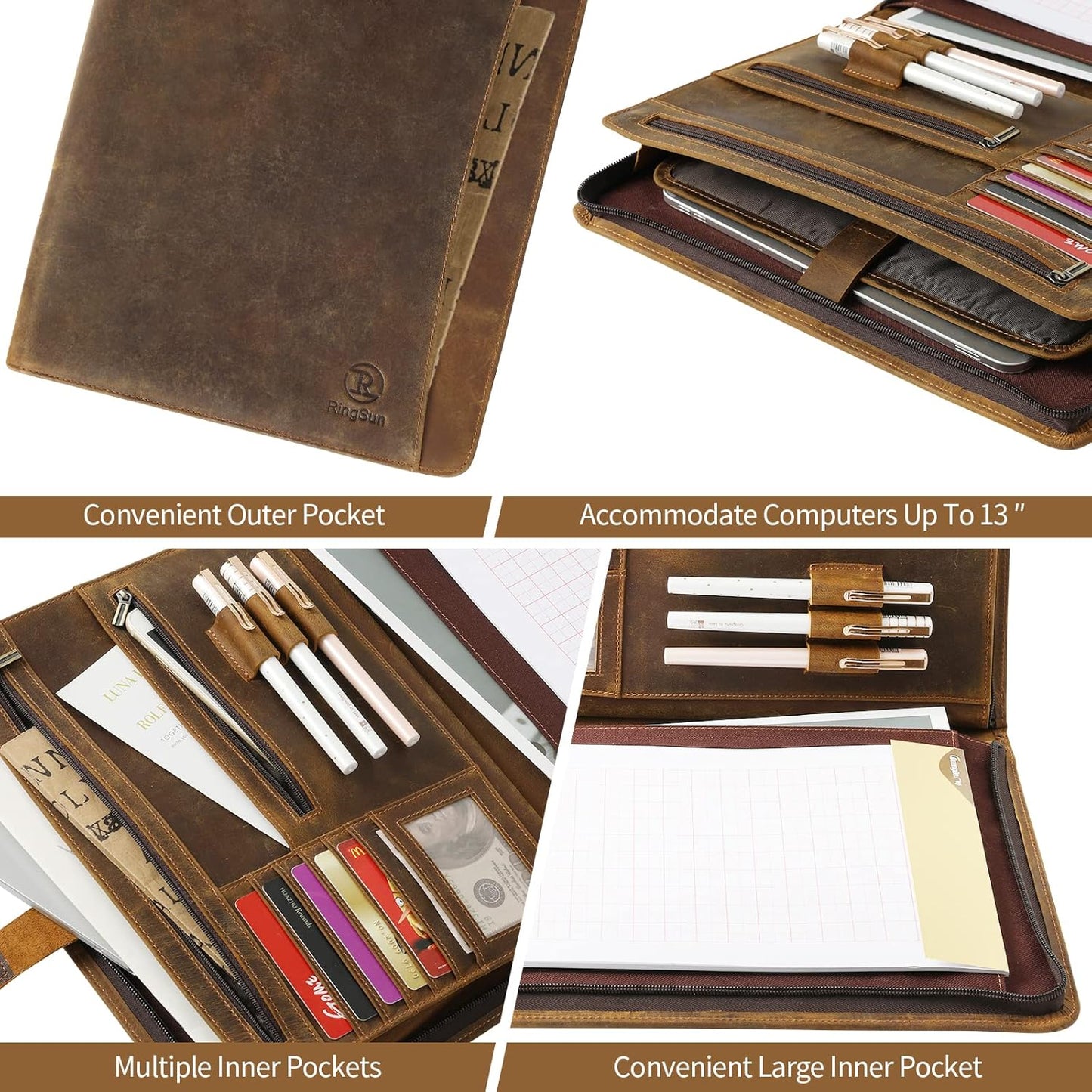 Ringsun Genuine Leather Portfolio with Zipper for Men Women, Padfolio Business Resume A4/Pad, Folder Organizer, Brown, RS01