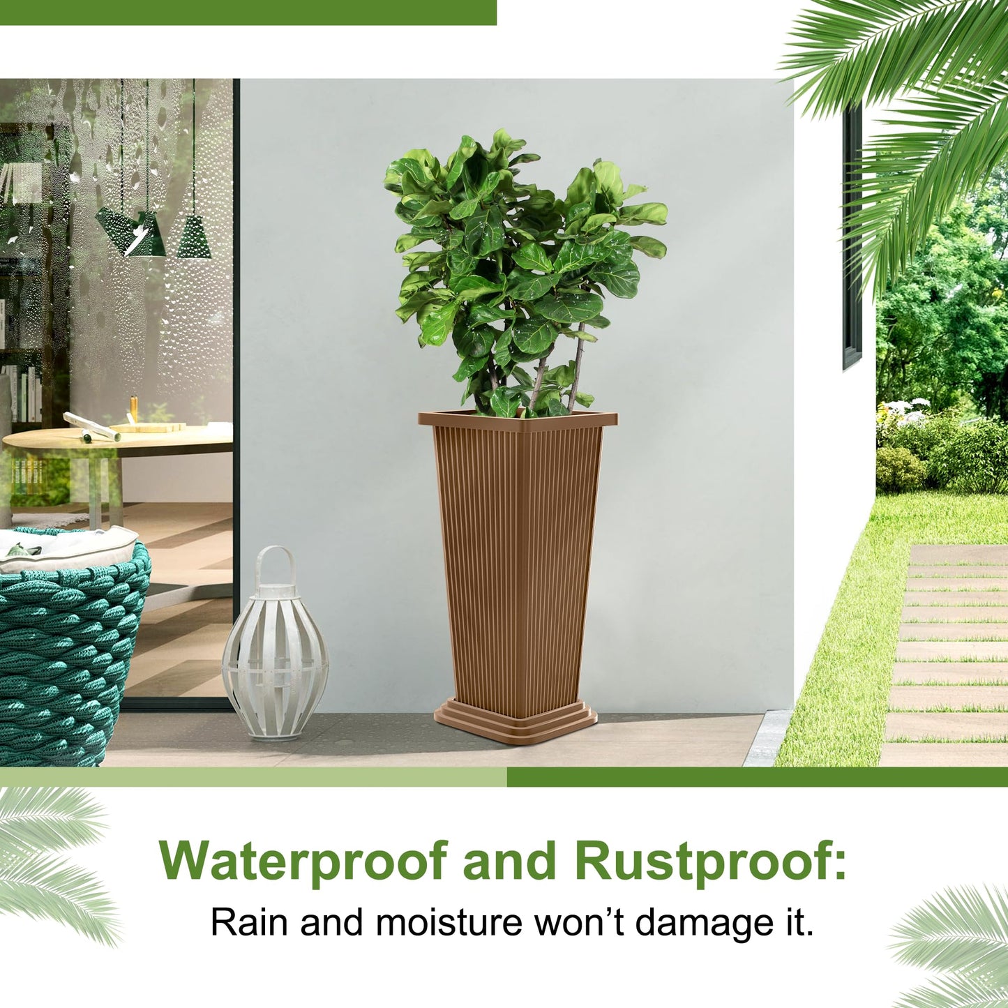YESUNEED 24-Inch Tall Planters Set of 2 for Outdoor and Indoor Use,Tapered Flower Pots with Drainage Tray, Front Porch and Patio Decor,Ideal for Large Plants (Stripes-Brown)