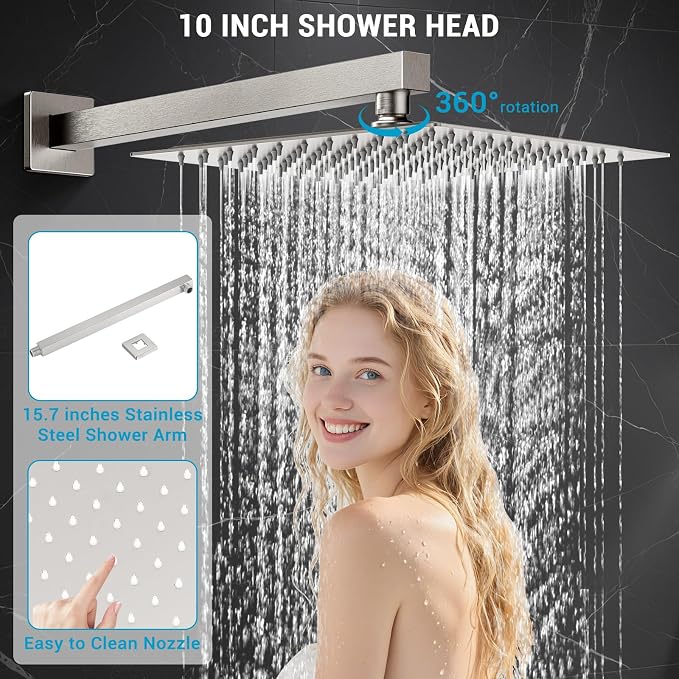 10" Square Rain Shower Faucet Set, Wall Mount, Brush Nickel | 304 SS, air tech boosts pressure 50%, dual spray, anti-fingerprint