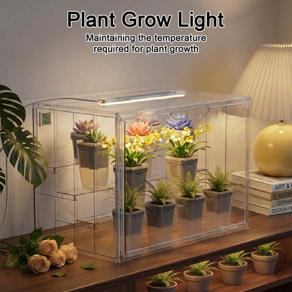 QCQHDU Clear Mini Indoor Greenhouse with Magnetic Door, Grow Light and Hygrometer, 15-Pack 2 Inch Mini Self Watering Pots