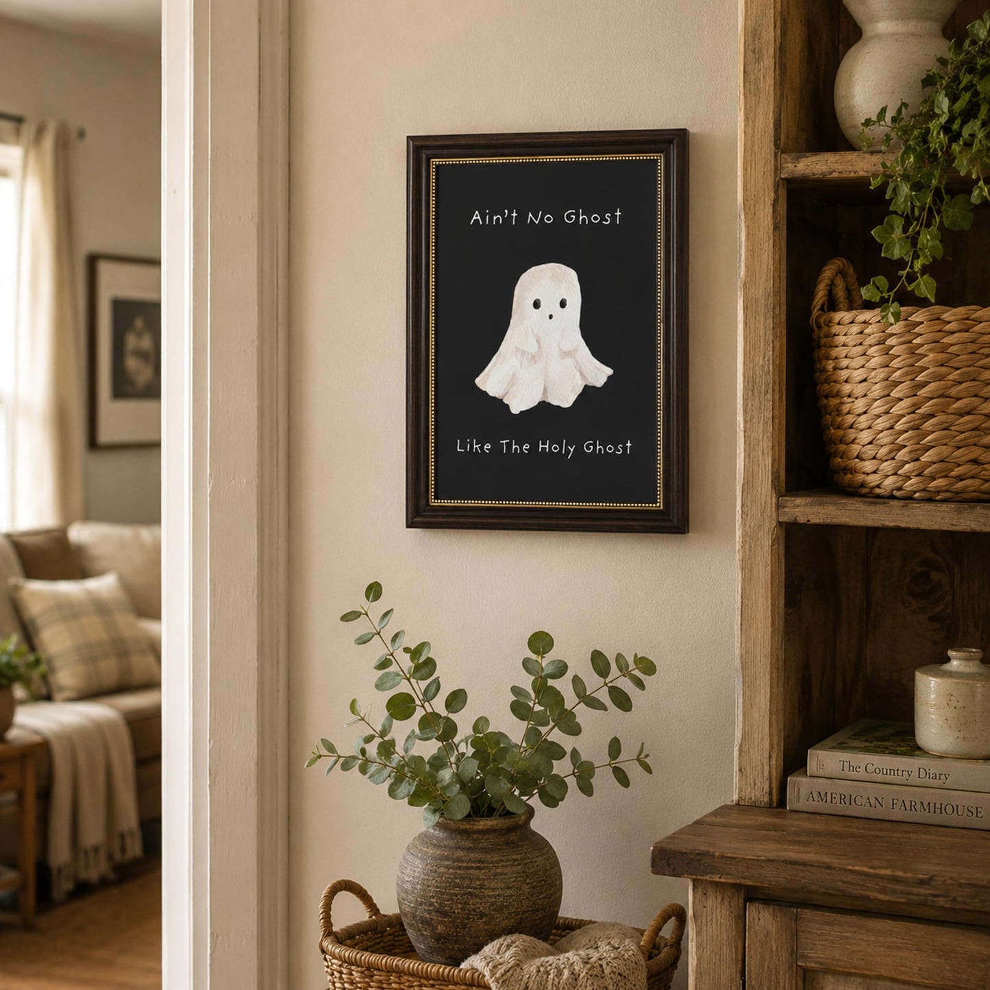 Vbaourut Framed Cute Halloween Wall Art, Funny Holy Ghost Canvas Painting, Cute Ghost Poster with Dark Brown Frame and Upgraded Hook and Loop for Living Room, 9x11 in