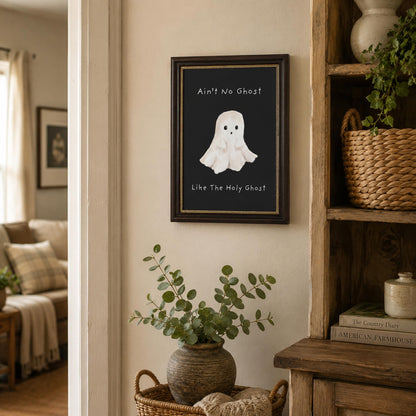 Vbaourut Framed Cute Halloween Wall Art, Funny Holy Ghost Canvas Painting, Cute Ghost Poster with Dark Brown Frame and Upgraded Hook and Loop for Living Room, 9x11 in