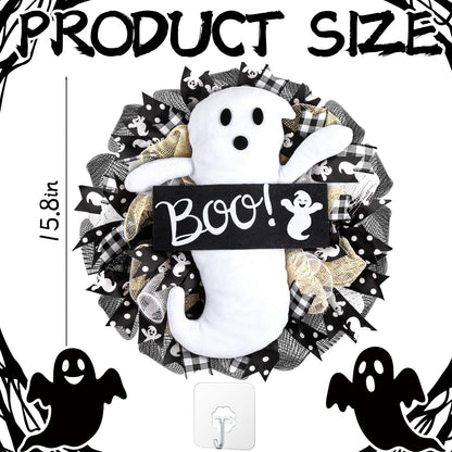 16 Inch Halloween Ghost Wreath Burlap Wreath with Ghost Doll Artificial Hanging Garland for Halloween Decorations Indoor Outdoor Party Supplies
