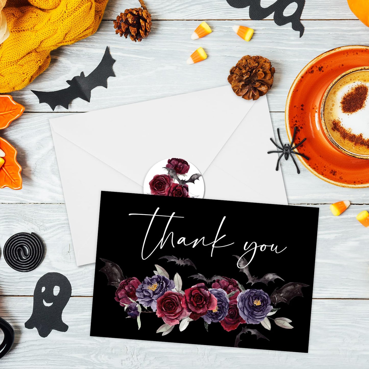 25 Pack Floral Thank You Cards Halloween Flower Bat Greeting Cards Spooky Blank Note Card for Holiday Baby Shower Party Invitation Supplies, 4 x 6 Inch