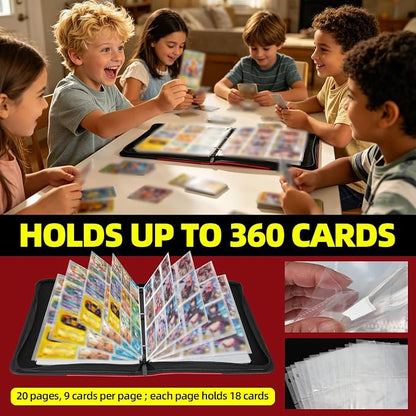 Premium Trading Card Storage Album,9 Pocket 40 Side Pages, 360 Cards,Black Zipper Binder for Collectible Games, Sports Card Organization&Protection (Red/Black)