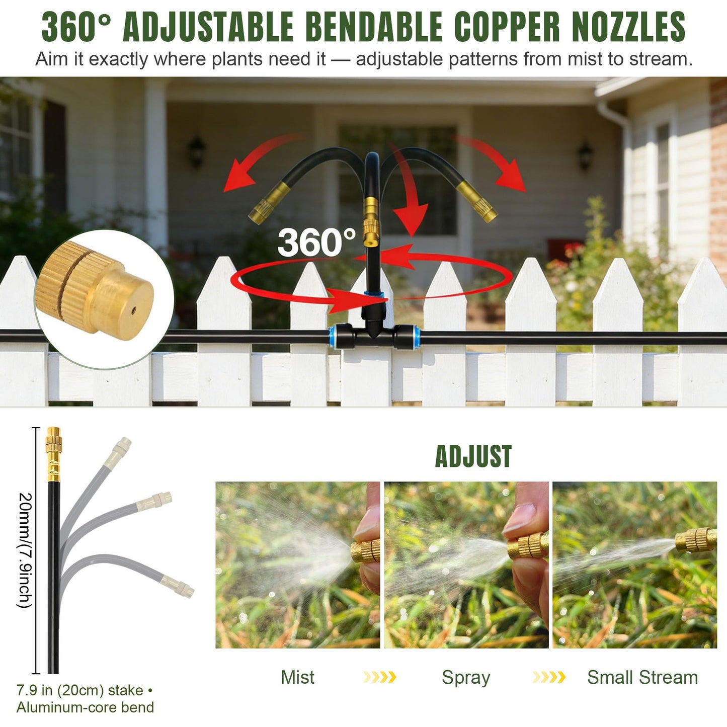 66FT Drip Irrigation System Kit Dual-Zone Garden Atomizing Watering System with 20 Copper 360° Adjustable Bendable Nozzles, Y-Splitter, Leak-Proof 1/4" Misting System for Garden Greenhouse Raised Beds
