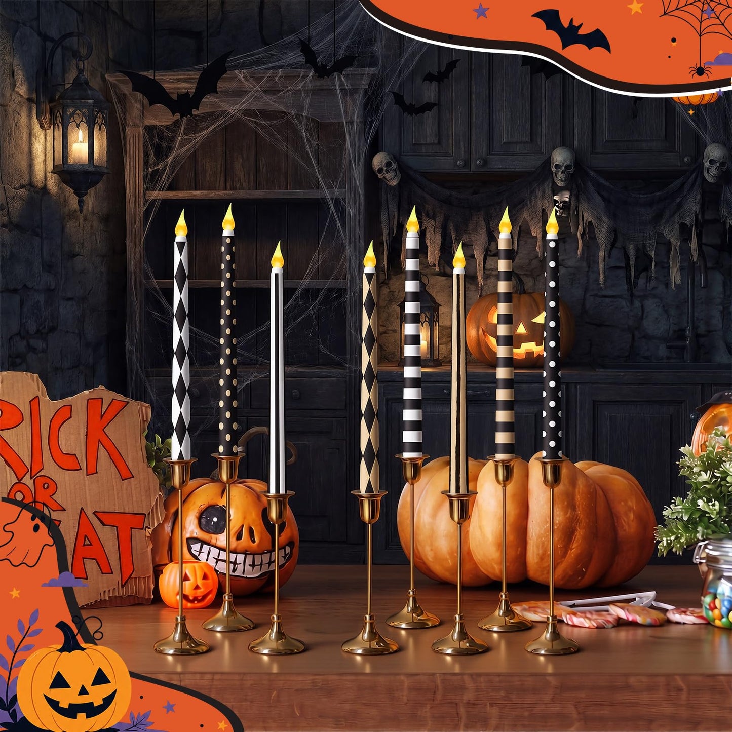 Lounsweer 8 Pcs Halloween Flameless Taper Candles 10.6 Inch LED Black and White Striped Flameless Candles Flickering Battery Operated Plastic Flickering LED Candlestick for Window Home Party Decor