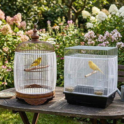 2Pcs Bird Cage Seed Catcher, Adjustable Bird Cage Skirt Cover, White Stretchy Birds Cages Netting for Round Square Parrot Parakeet Macaw African Cages