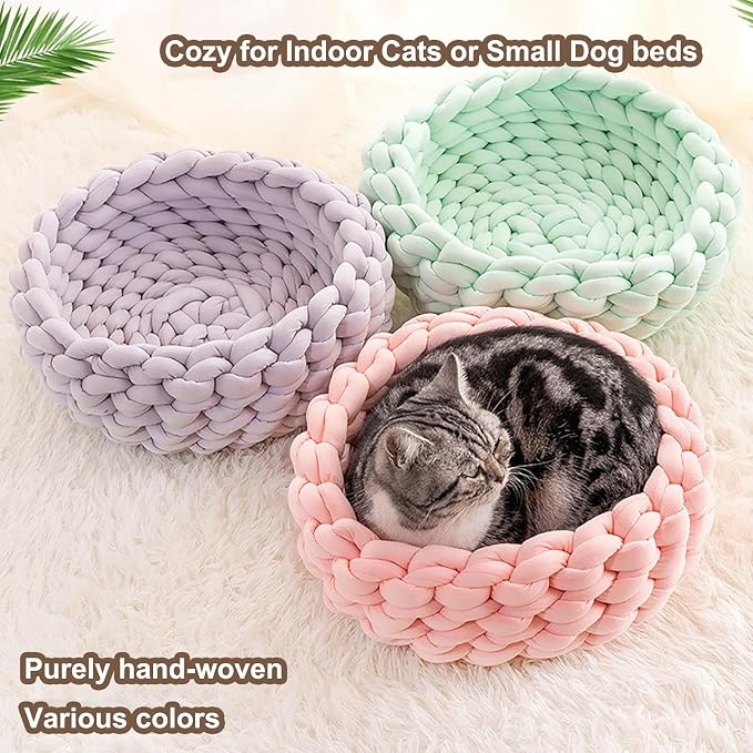 Woven Dog Bed Basket, Knitted Cotton Cat Bed Round Washable Woven Cat Pet Bed Chunky Dog Basket, Orthopedic, Chunky Knit Dog Nest,Dog Bed,Dog Cave,Dog Bedding(Beige,19")