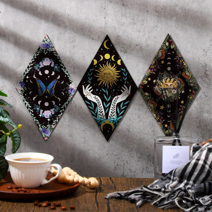 Qunclay 6 Pcs Witchy Gothic Wall Decor, Rustic Boho Moon Phase Sun Mushroom Star Hanging Wooden Ornament for Bedroom Living Room Gallery, Celestial Goth Home Decoration Farmhouse Pediments(Moon Sun)