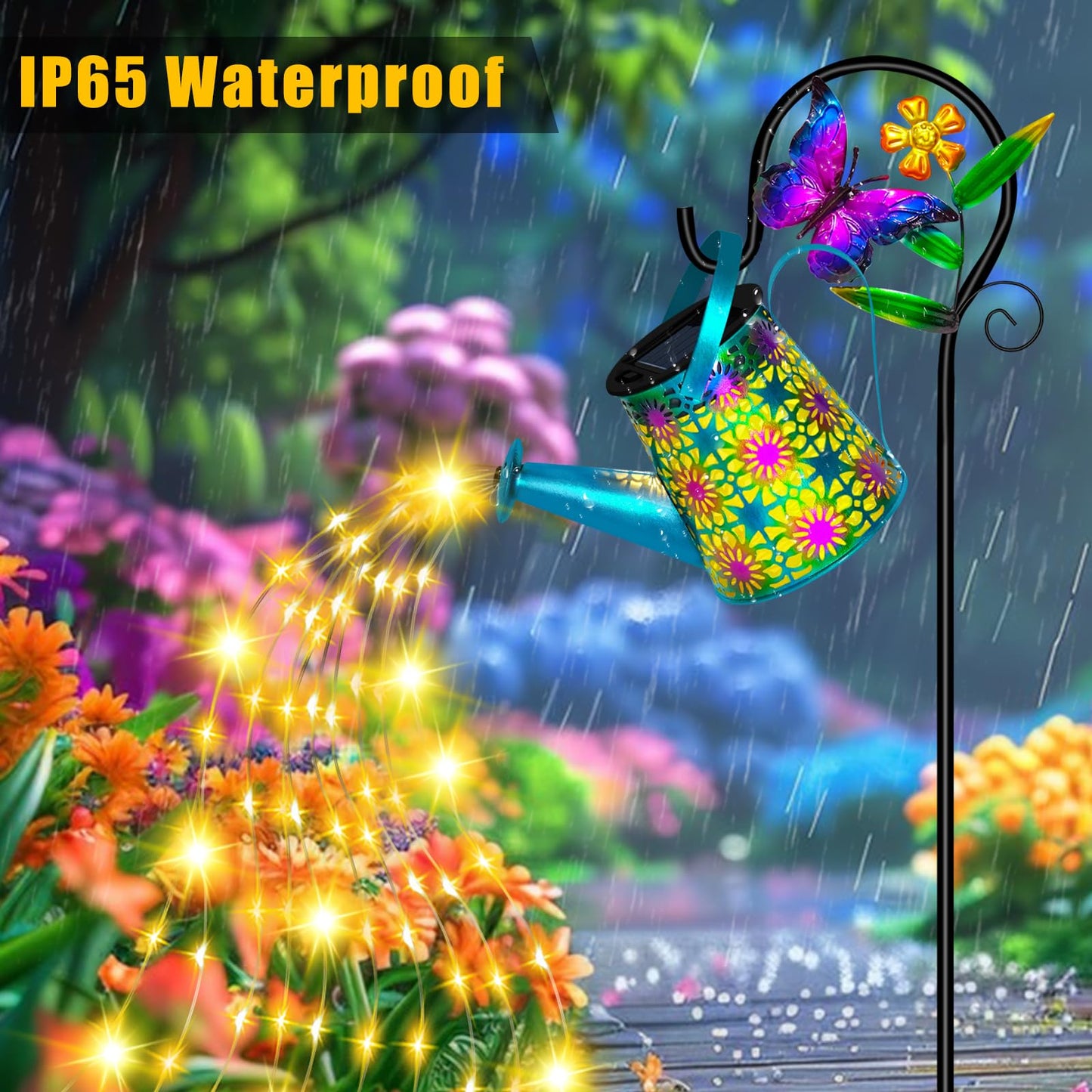 Solar Watering Can with Lights, Waterproof Solar Lantern with Butterfly Shepherd Hook, Hanging Garden Lights for Patio Yard Lawn Porch Outdoor Decoration 2 Pack