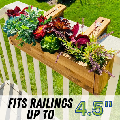 Patio Wise Acacia Wood Railing Planter Box, Outdoor Hanging Flower, Plant, & Herb Boxes, 20-Inch Wide x 5-Inch Tall x 4.5-Inch Deep Rectangular Porch, Deck, & Balcony Planters, Teak Color