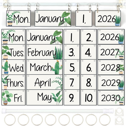 Greenery Flip Calendar for Classroom Bulletin Board Set Greenery Calendar Class Whiteboard Decor with 2026 to 2030 Years Date Cards and Adjustable Rod for Home Elementary School Teacher Supplies
