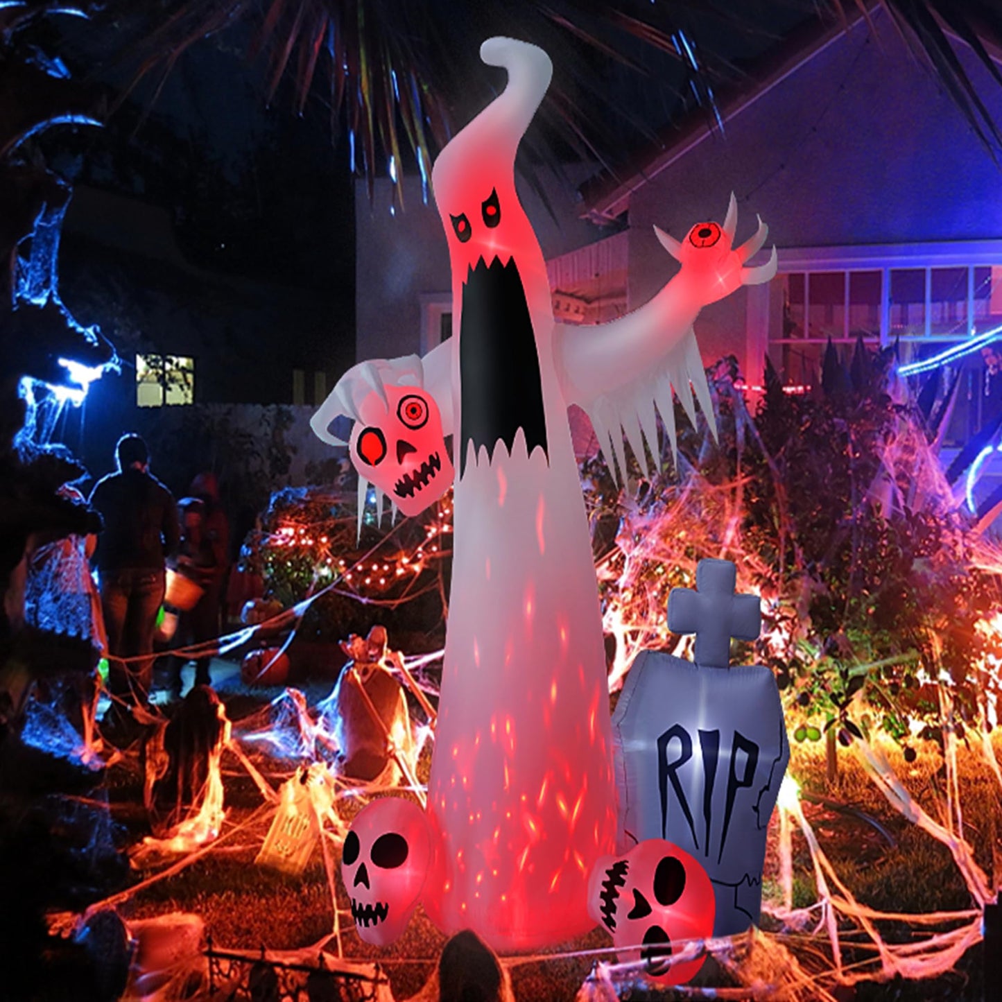 HOPOCO 12 FT Halloween Inflatables Outdoor Halloween Blow Up Yard Decorations Horror White Ghost with 3 Skull Heads Bleeding Eyeball Tombstone Halloween Decorations Clearance for Party Yard Garden