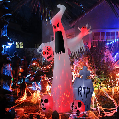 HOPOCO 12 FT Halloween Inflatables Outdoor Halloween Blow Up Yard Decorations Horror White Ghost with 3 Skull Heads Bleeding Eyeball Tombstone Halloween Decorations Clearance for Party Yard Garden