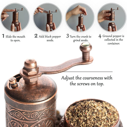 Decorative Black Pepper Grinder, Refillable Turkish Spice Mill with Adjustable Coarseness, Manual Pepper Mill with Handle, Spice Grinder Metal with Hand Crank, Copper