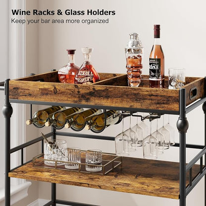 GarveeHome Bar Cart with Wheels, 3-Tier Serving Cart for Home, Mobile Rolling Beverage Cart with Wine Rack and Removable Tray for Kitchen, Dining, Living Room, 35.4" x 15.7" x 34.1", Rustic Brown
