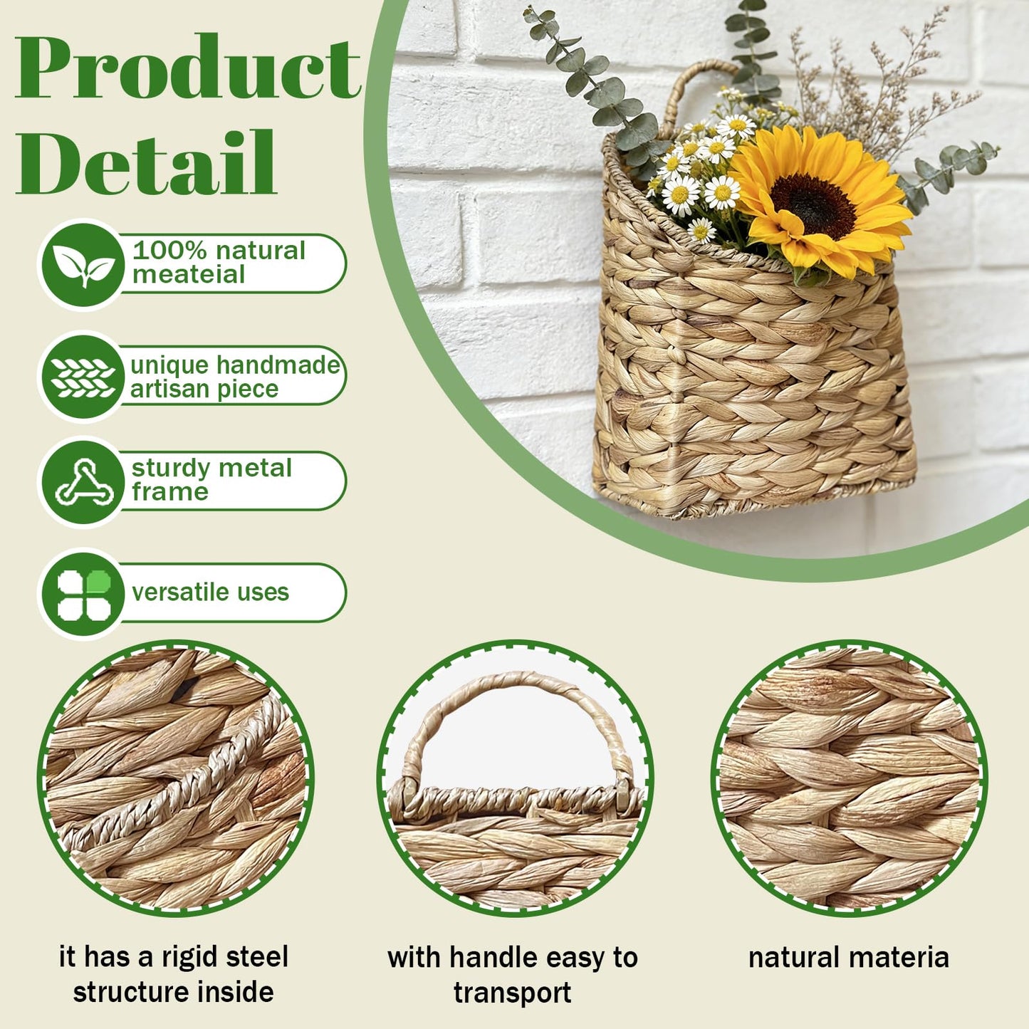 Woven Hanging Wall Basket,Natural Handmade Water Hyacinth Flat Back Basket for Farmhouse Home, Door, Entryway, Mail, Flower, Plant Decor
