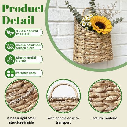 Boho Wall Hanging Basket, Water Hyacinth Woven Basket for Front Door, Flat Back Wall Mounted Entryway Organizer, Storage for Flowers, Plants, Farmhouse, Home Decor