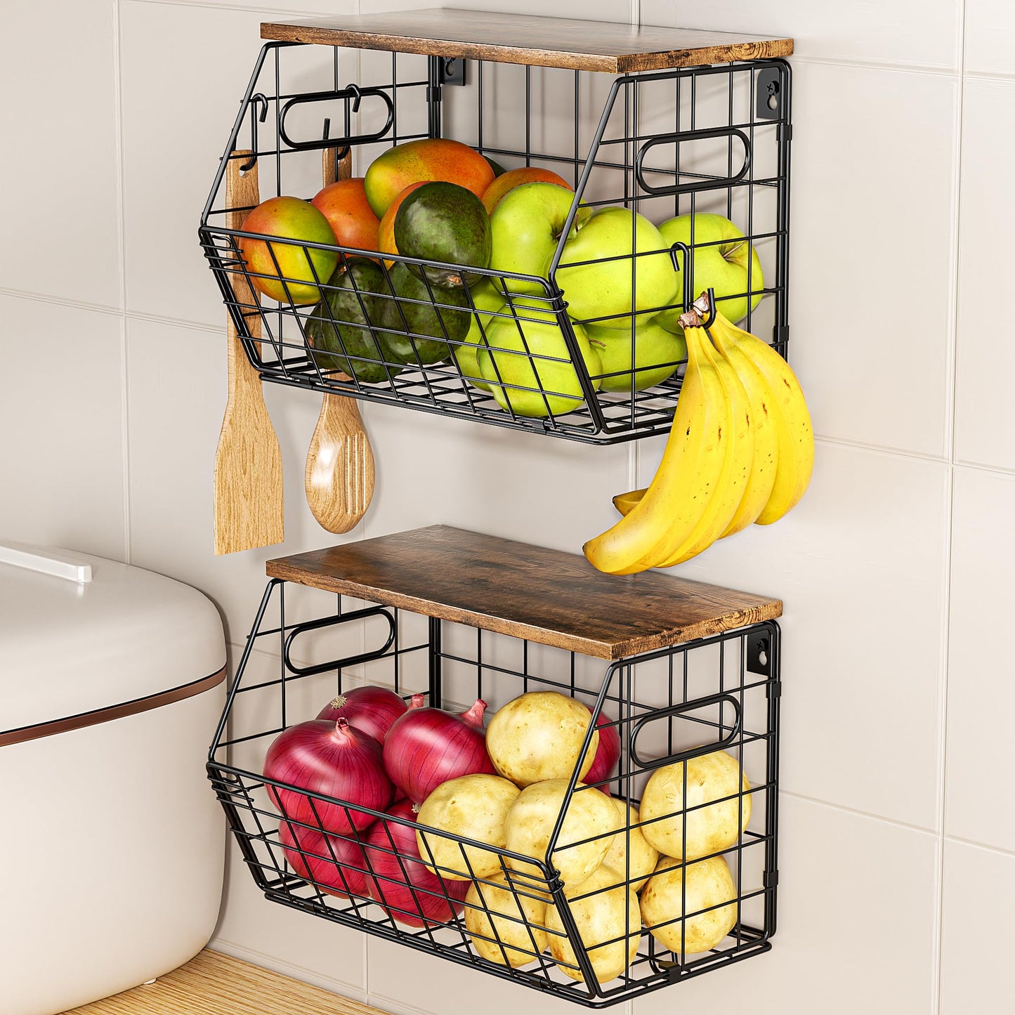 Delamu Stackable Metal Fruit Basket with Wood Lid 2 Pack, Hanging Wall Organizer for Kitchen Counter, Pantry Storage for Onions, Potatoes, Garlic, Fruits, Spices, Black